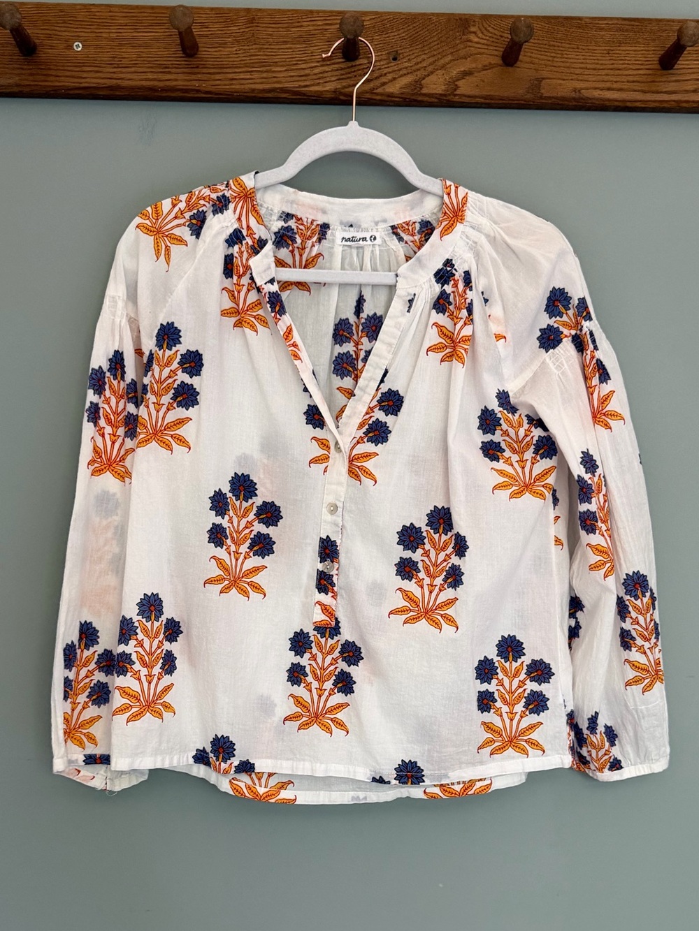 Natura White Blue Orange Floral Block Print Coastal Peasant Lightweight Top